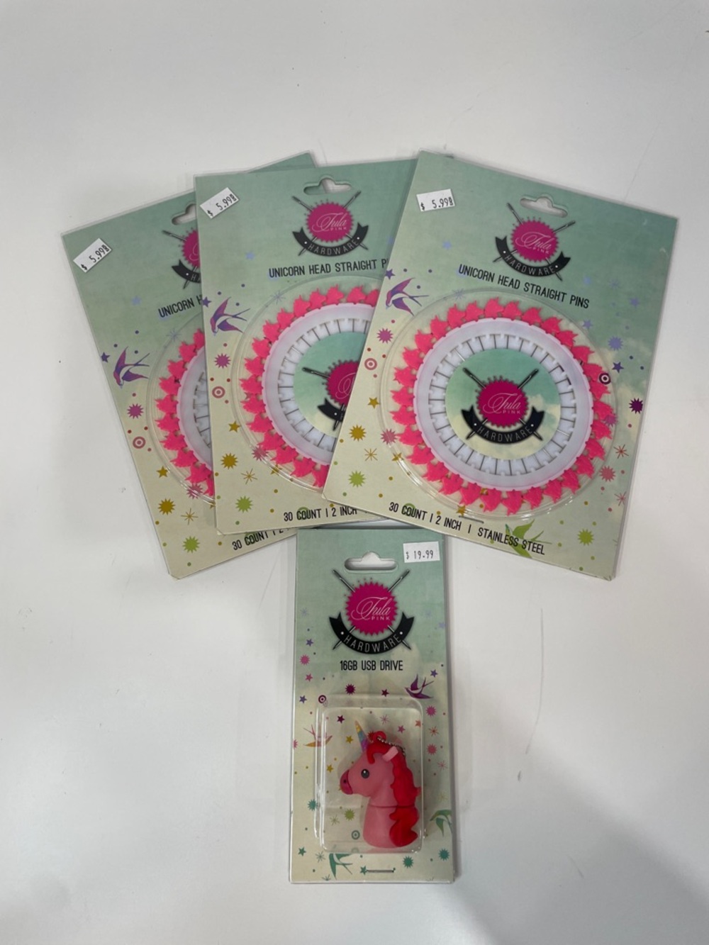 Tula Pink Unicorn Head Straight Pins & Unicorn USB Drive